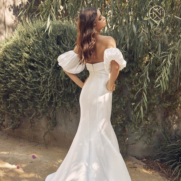 NEW OFF THE SHOULDER MERMAID WEDDING DRESS WITH REMOVABLE PUFF SLEEVES NX JE966 - Picture 6 of 8